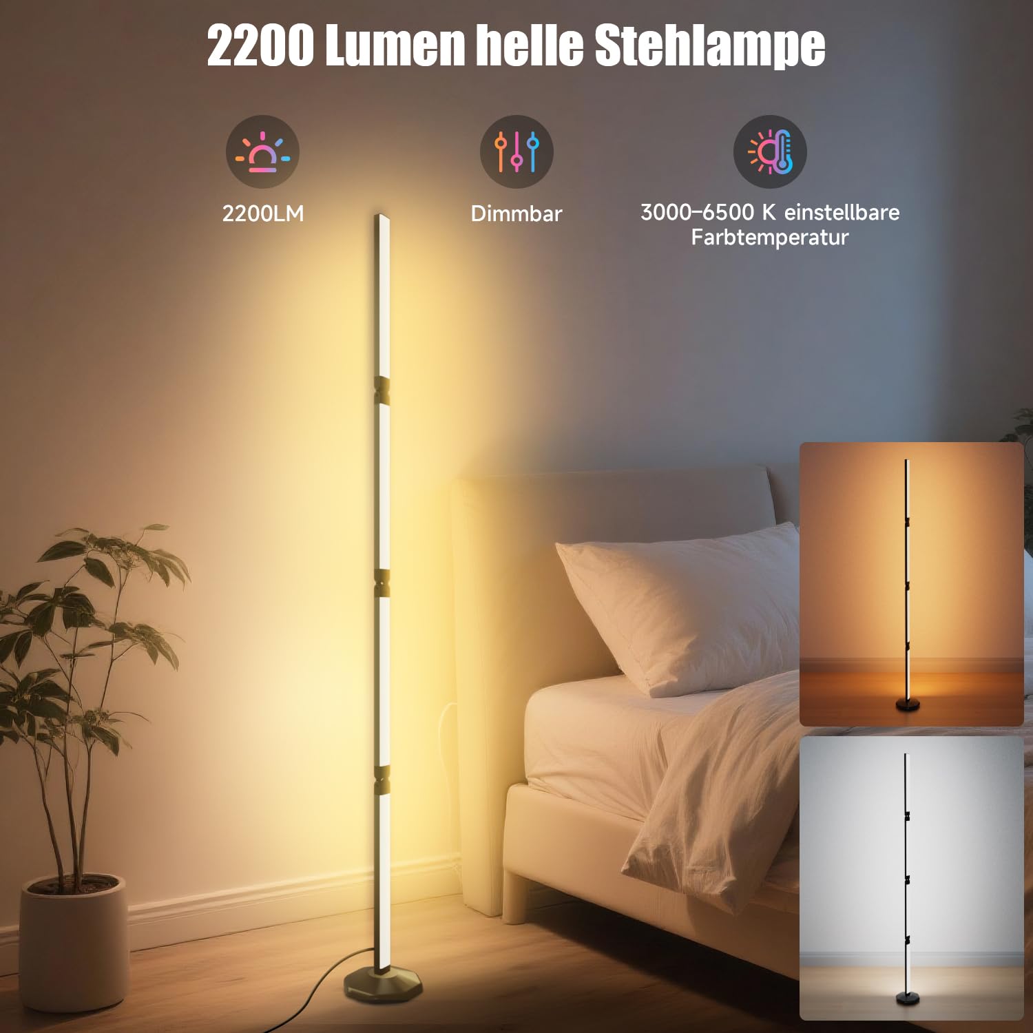 RGB LED Stehlampe Wohnzimmer 170cm, Modern Smart Stehlampe Dimmbar Faltbar mit Fernbedienung und App, 16 Millionen Farben, 99 Szenenmodi, Diy-Modus&Timing, Ecklampe für Schlafzimmer Gaming
