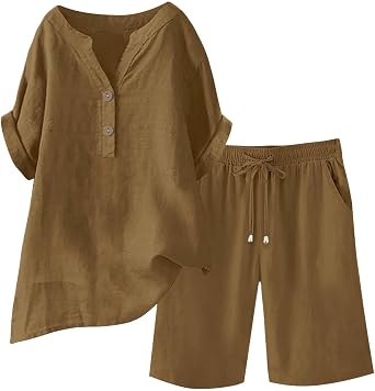 Women Linen Set 2 Piece Summer Outfits Plus Size Short Sleeve Shirt and Bermuda Shorts Lounge Set Casual Matching Set