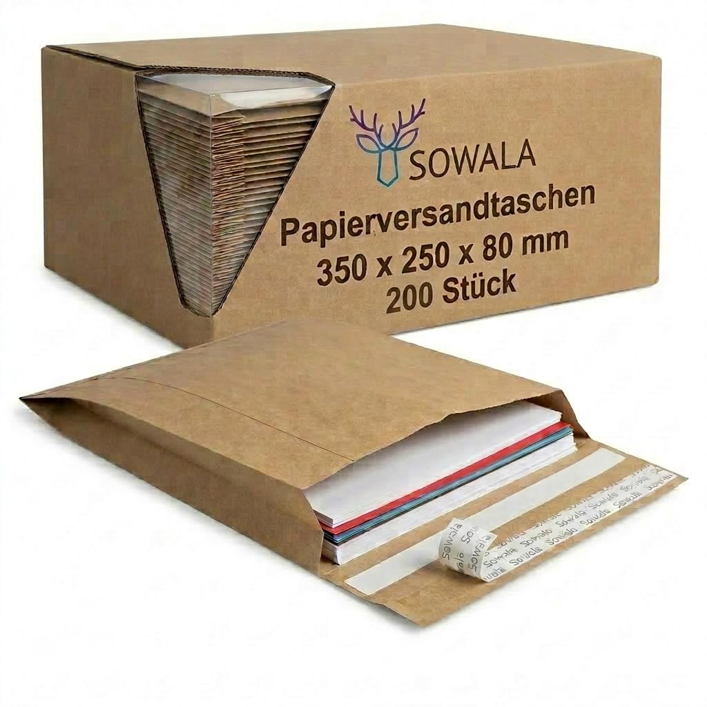 Papier-Versandtaschen Vinted 350x250x80mm Versandtüten - 200 Stück, sowala | Spitzer Boden mit 8 cm Seitenfalte – viel Platz für Pullover & Co., Doppelfixverschluss für Hin- & Rückversand, plastikfrei