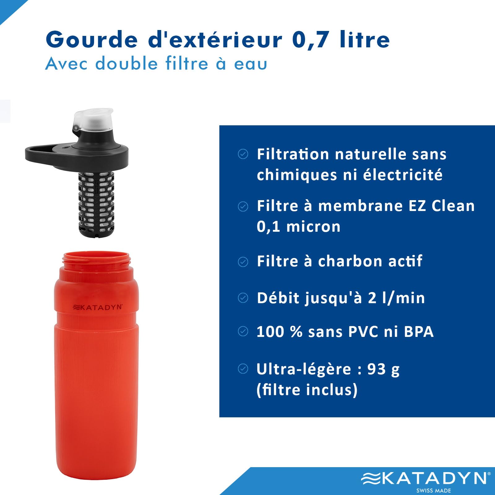 Katadyn BeFree AC Bottle Gourde filtrante à eau pour extérieur, 0,7 l, ultra légère, fibre creuse et charbon actif, pour camping, randonnée, trekking, voyage, filtration de l'eau portable sans BPA