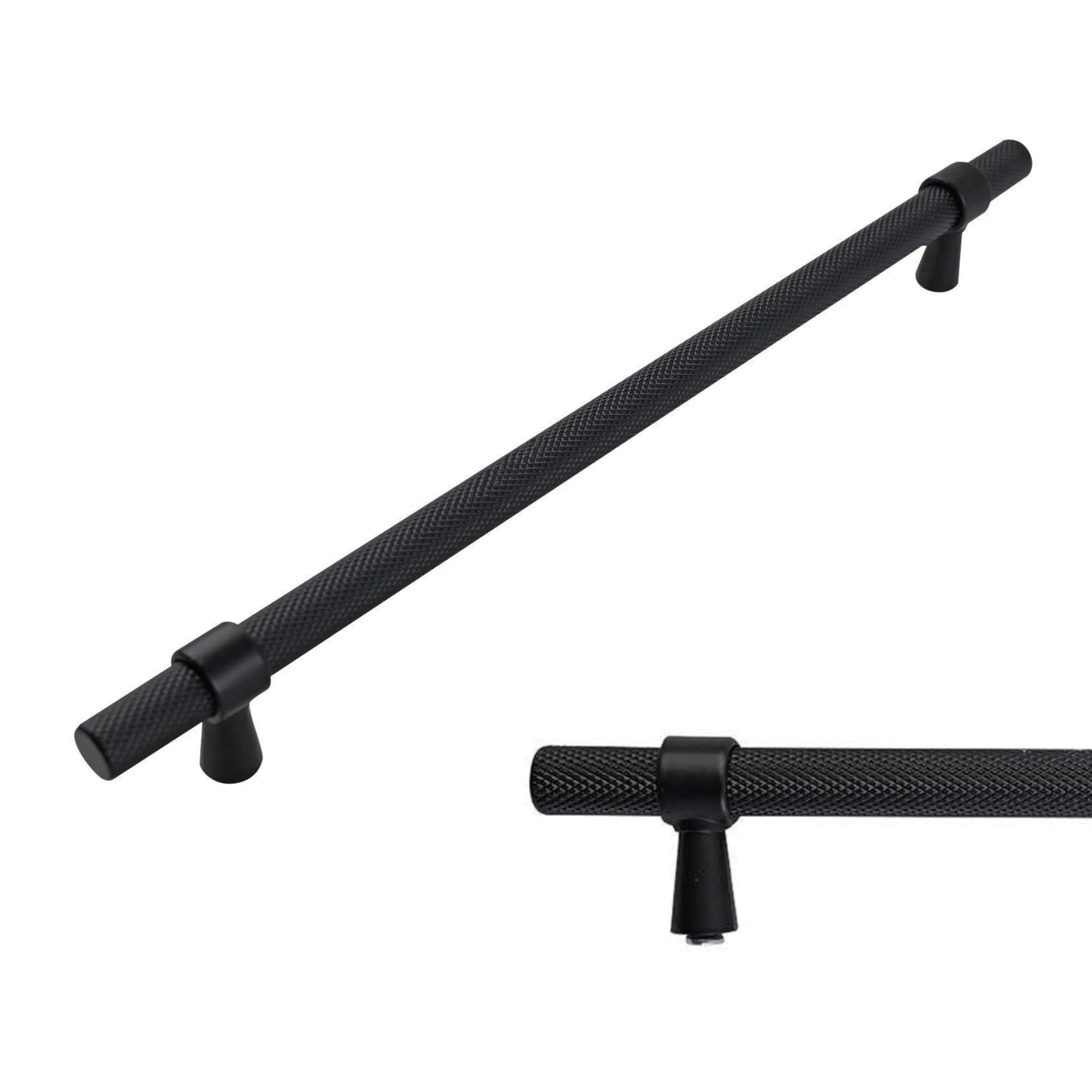 Keypak Black 10 Pack Knurled Kitchen Cupboard Handles, 224Mm Hole Centres, Aluminium T-Bar Pulls For Cabinet, Wardrobe Doors, Chest Of Drawers