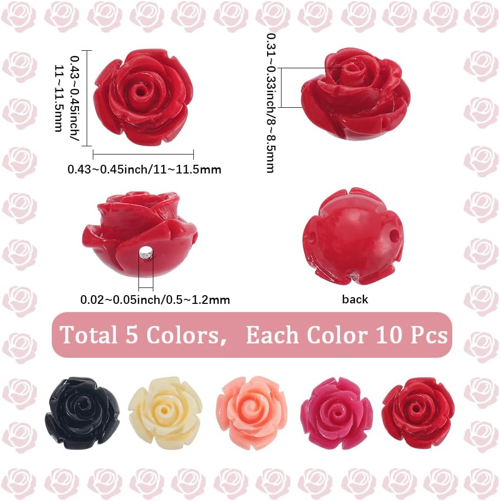 SUNNYCLUE 1 Box 50Pcs 5 Colors 3D Rose Beads Colorful Flower Beads Bulk Synthetic Coral Artificial Carved Dyed Jasmine Floral Shaped Loose Spacers for Jewelry Making Necklace Earring DIY Crafting - Image 2