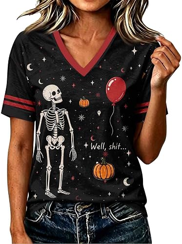 Womens Halloween Shirt V Neck Short Sleeve Witch Broom Ghost Bat Witch