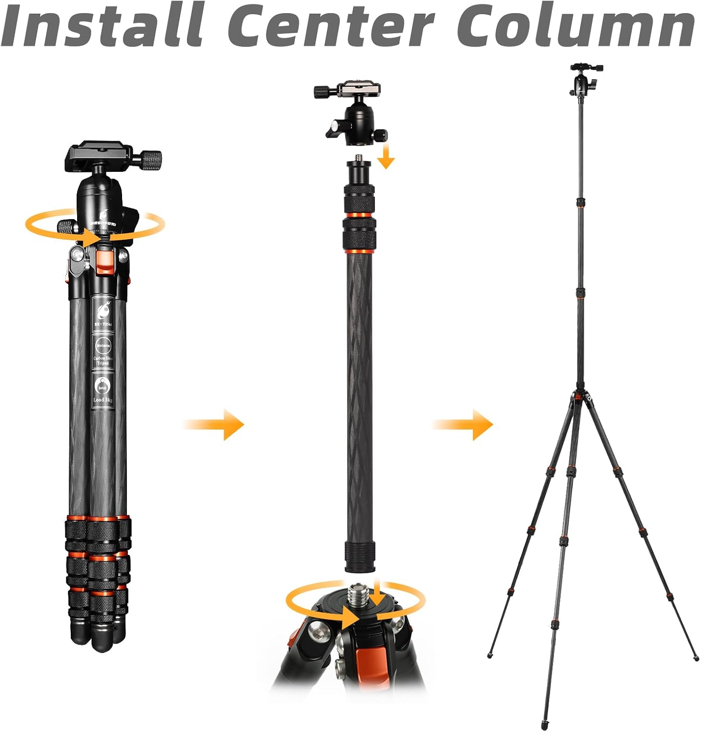 BESNFOTO Camera Tripod with Ball Head, Carbon Fiber Material, Black with Orange Accents, Includes Phone Holder and Carrying Case, Model BX-T2561