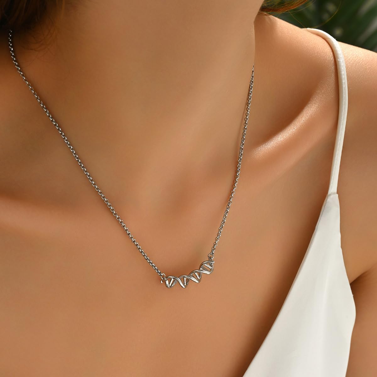 Silver DNA Helix Necklace for Women and Men, Minimalist Science-Inspired Snake Chain Jewelry, Modern Unisex Silver Choker for Daily Wear and Gifts image 3