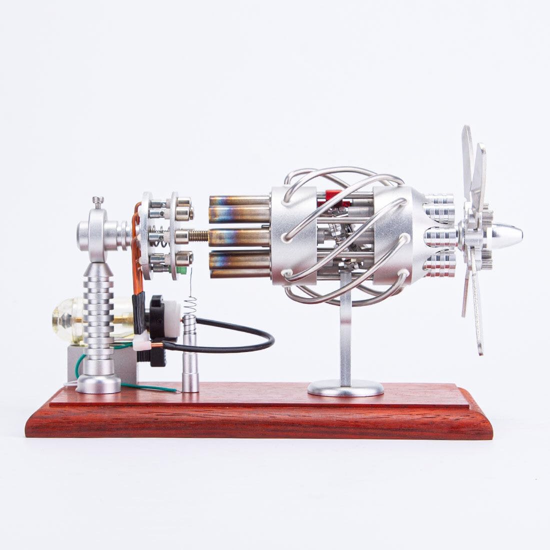 16-Cylinder Swash Plate Stirling Engine Model – Glass Hot Cylinder Thermal Power Engine Kit with Stainless Steel Propeller and Wooden Base, Physics Educational STEM Collectible for Science Enthusiasts