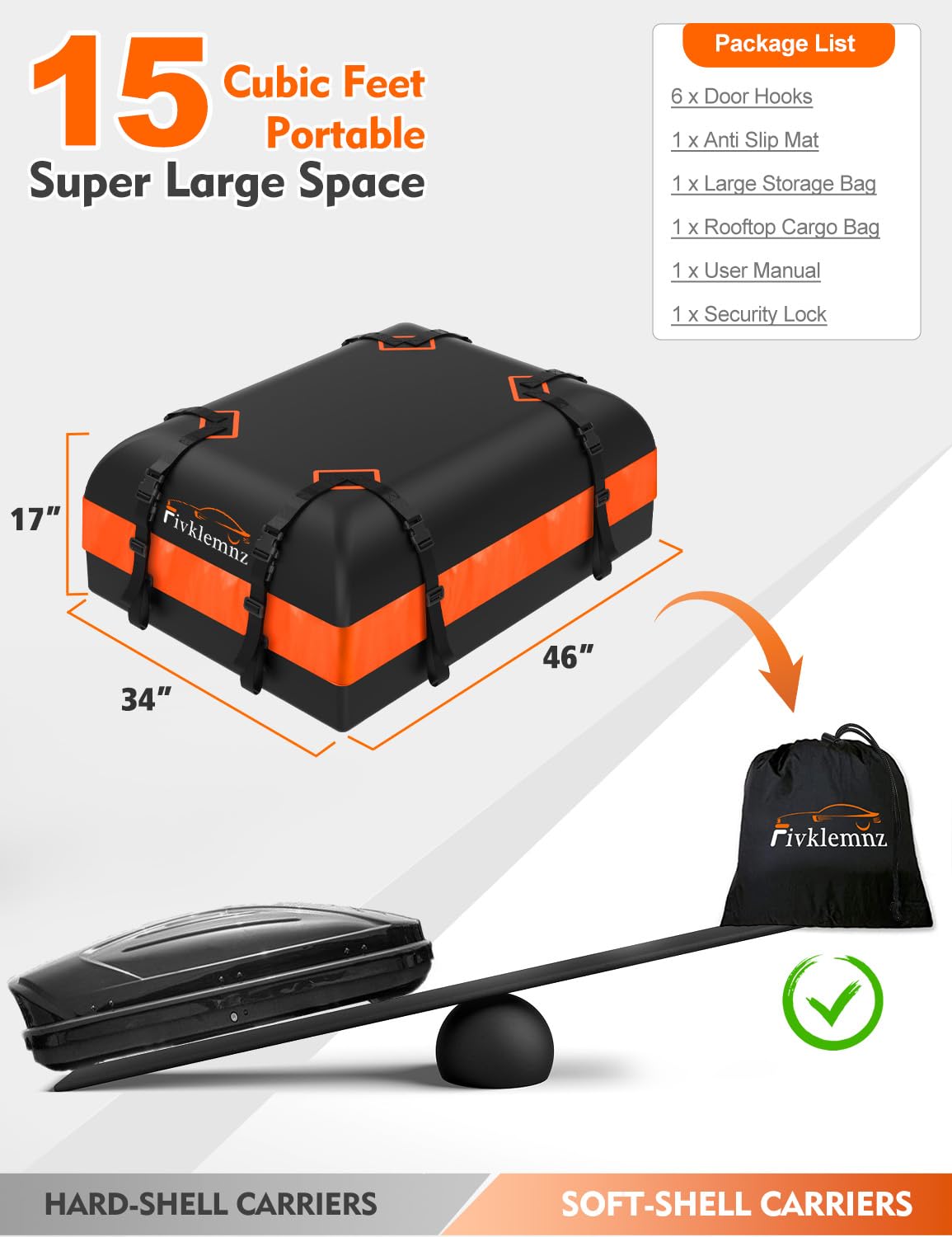 FIVKLEMNZ 15 Cubic - Borsa da tetto per auto, impermeabile, con tappetino antiscivolo + 8 cinghie rinforzate + 4 ganci per porta, adatta per tutti i veicoli con/senza portapacchi
