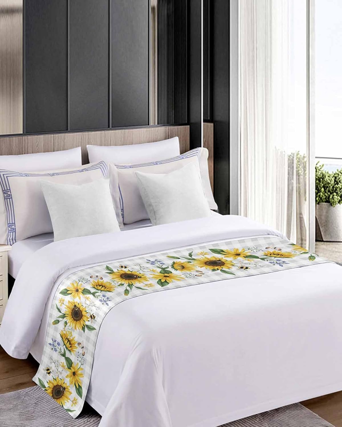 Sunflower Bed Runner Scarf Full Queen Size, Botanical Floral Butterfly Bee Gray White Plaid Luxury Bed Throw Runners & Scarves for Twin Full Queen King Foot of Bed, Bedroom Hotel Decoration, 83"x20"