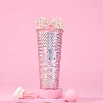 A#13 Double Layer Plastic Straw Cup, 24.0 fl oz 710 ml, Large Capacity, Straw Cup, Glitter, Bow Tie, Hand Cup, Durian Cup, Portable Diamond Cup, Straw Tumbler, Transparent, Double Layer Construction