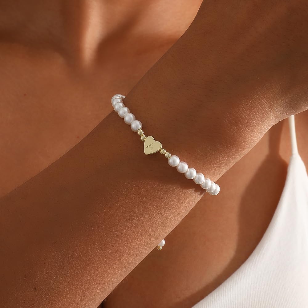 Gold Pearl Bracelets for Women, 14K Gold Plated Initial Bracelets for Women Heart Charm Bracelets Dainty Pearl Bracelets Jewelry for Women Trendy - Image 9