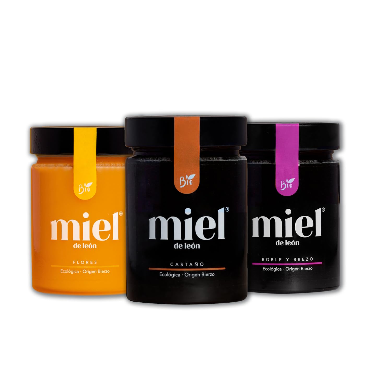 Miele puro d'api. Confezione 6 Mieli 450gr ciascuno. 1) Di fiori. 2) Di Erica e Quercia. 3) Di Castagno. Prodotto artigianale di propria raccolta. Origine: Spagna.