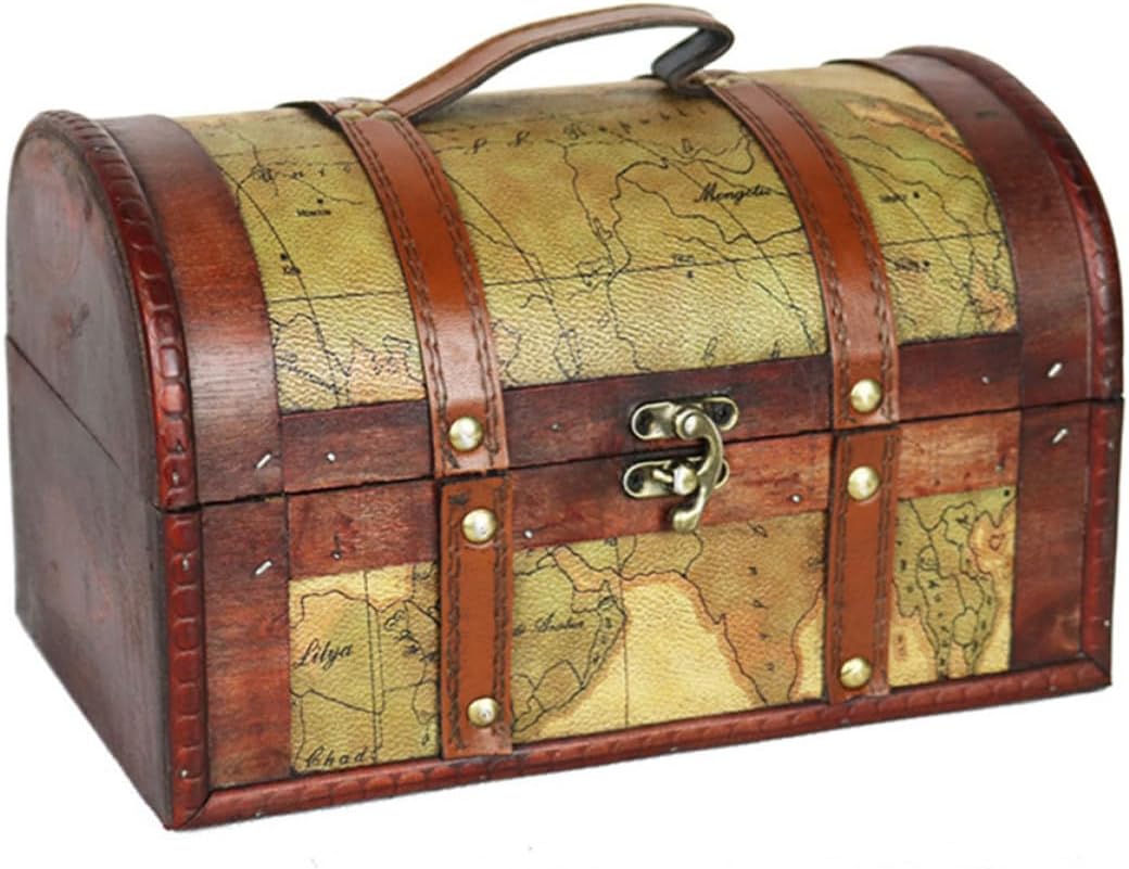 OSALADI Vintage Wooden Treasure Chest Decorative Display Props with Antique Buckles, Retro Style Timber Storage Box Color for Jewelry and Rings and Home Decoration for Living Rooms