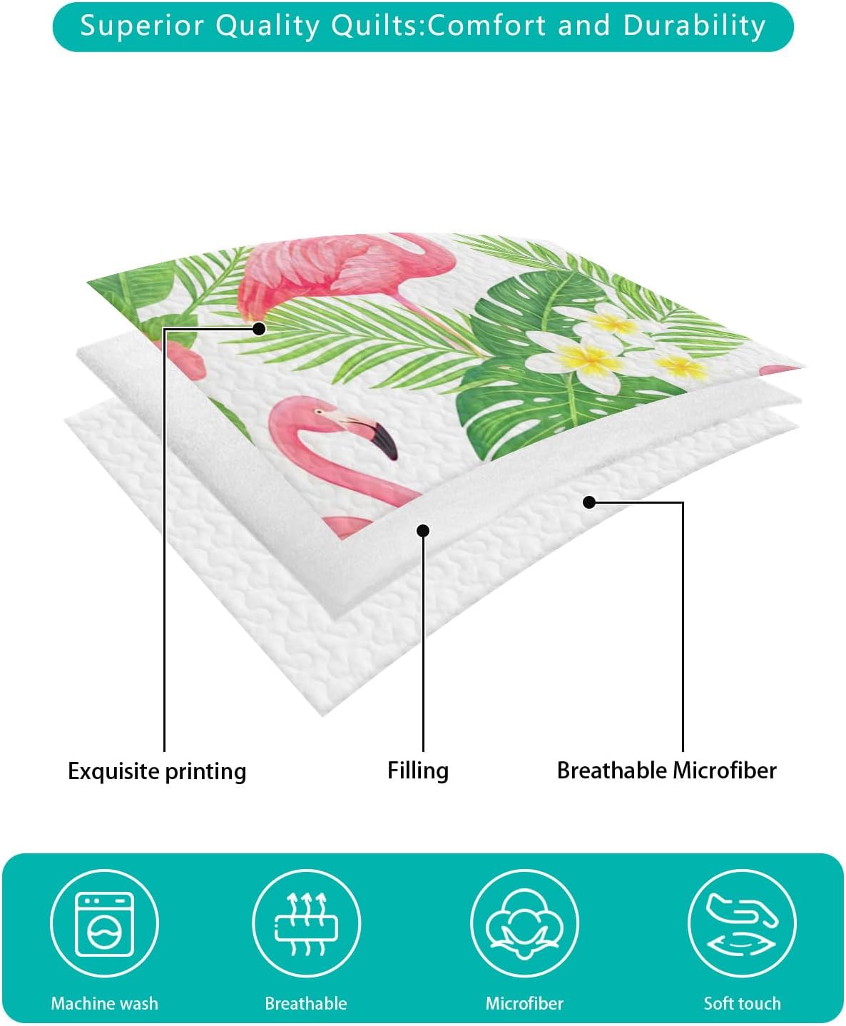 King Size Quilt Set, Cute Flamingo Tropical Leaves Lightweight Bedspread Coverlet Set Soft Microfiber Summer Quilt with 2 Pillow Shams, Summer Wild Flower 3 Piece Comforter Bedding Set