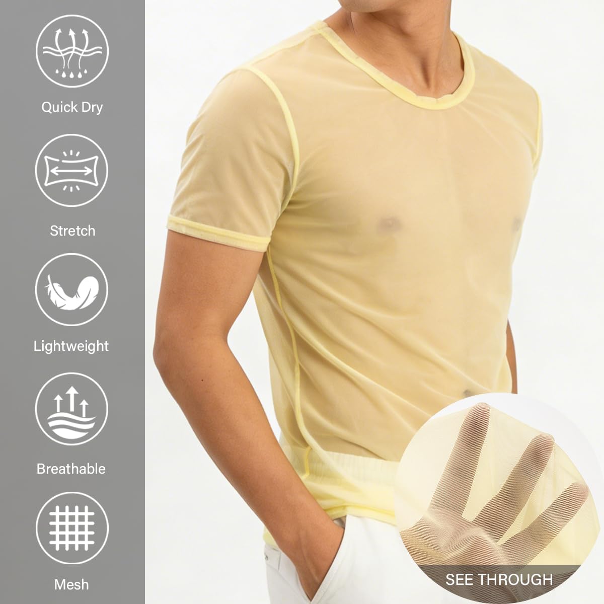 YINYOUYU Mens Mesh Shirt See Through Top Sexy Muscle Tee Lounge Short Sleeves Sheer Breathable T-Shirt Clubwear - Image 3