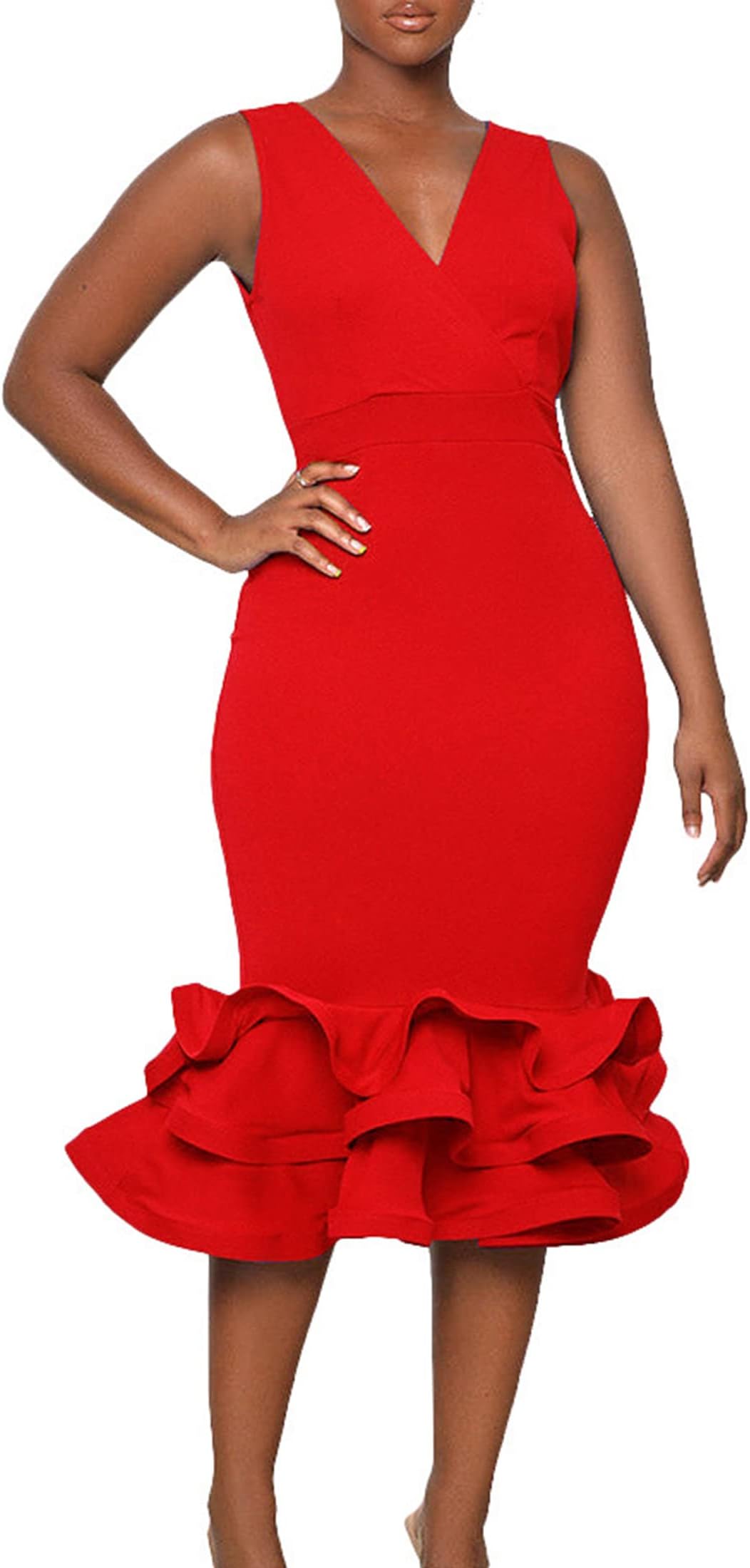 Kafiloe V Neck Ruffle Bodycon Dress for Women Sleeveless Pencil Midi Dress Fishtail Formal Dress Evening Gown