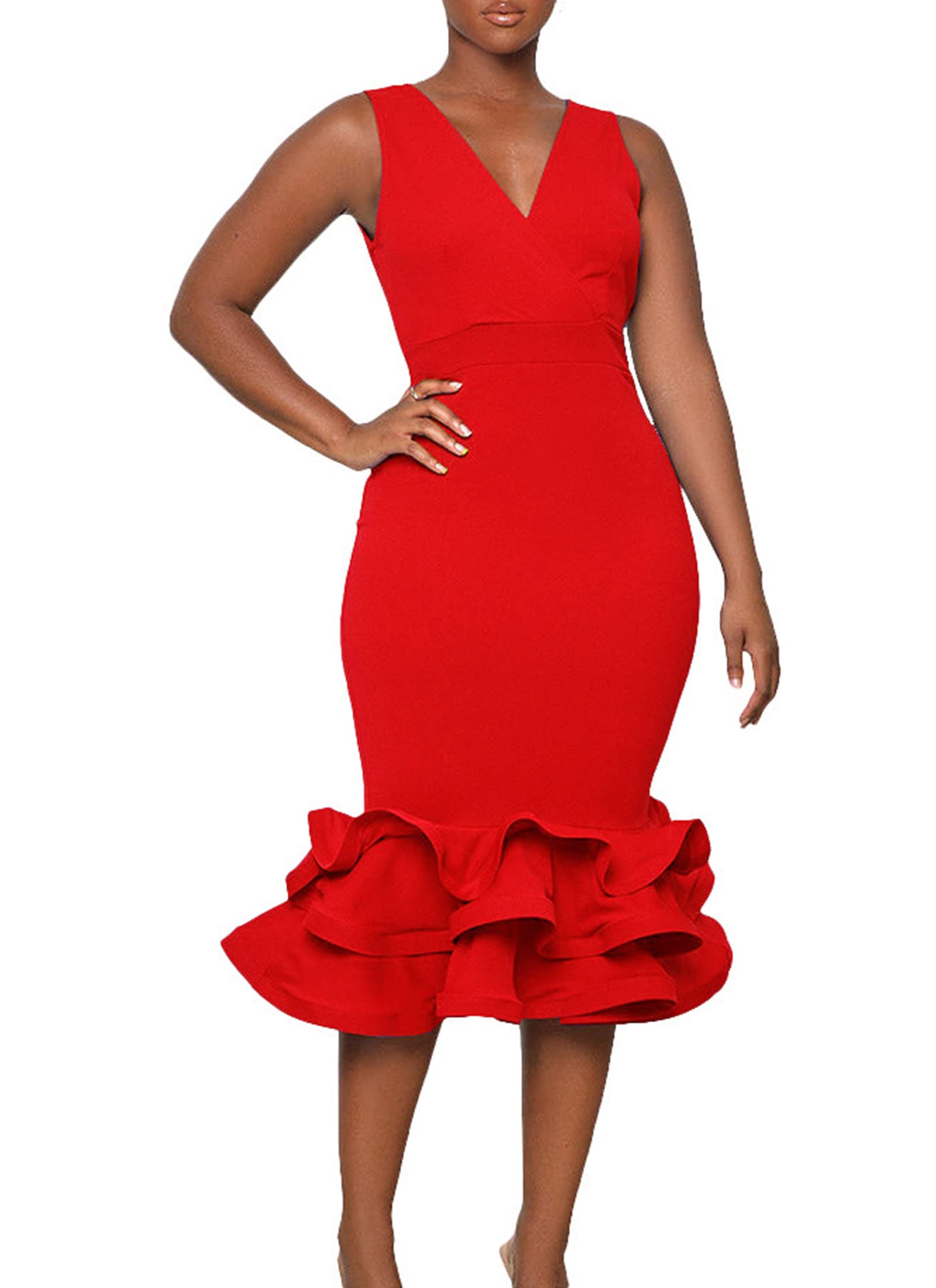 Kafiloe V Neck Ruffle Bodycon Dress for Women Sleeveless Pencil Midi Dress Fishtail Formal Dress Evening Gown