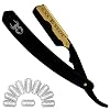 Black Widow Professional Straight Razor – Matte Black & Gold Barber Razor for Men – 1.5 mm Exposure, Swing Lock Grip, Stainless Steel Shavette for Barbers & Beginners pack of 10 blades