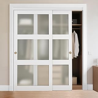 VEVOR Sliding Closet Door, 72" (Double 37") x 80", 3-Lite Frosted Glass with Hardware Kit & Floor Guide, Solid Wood & MDF Slab with Waterproof PVC Surface, Pre-Drilled Doors Panel, Need to Assemble