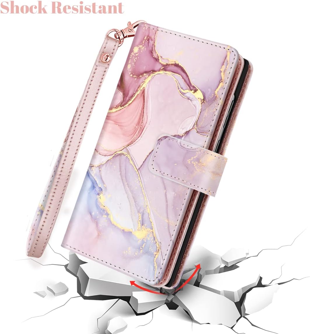 Fingic Compatible with Samsung Galaxy S22 Ultra Case Wallet, Rose Gold Marble 9 Card Holder PU Leather Detachable Wrist Strap Wallet Case for Women Cover for Samsung Galaxy S22 Ultra 5G (6.8 inch)