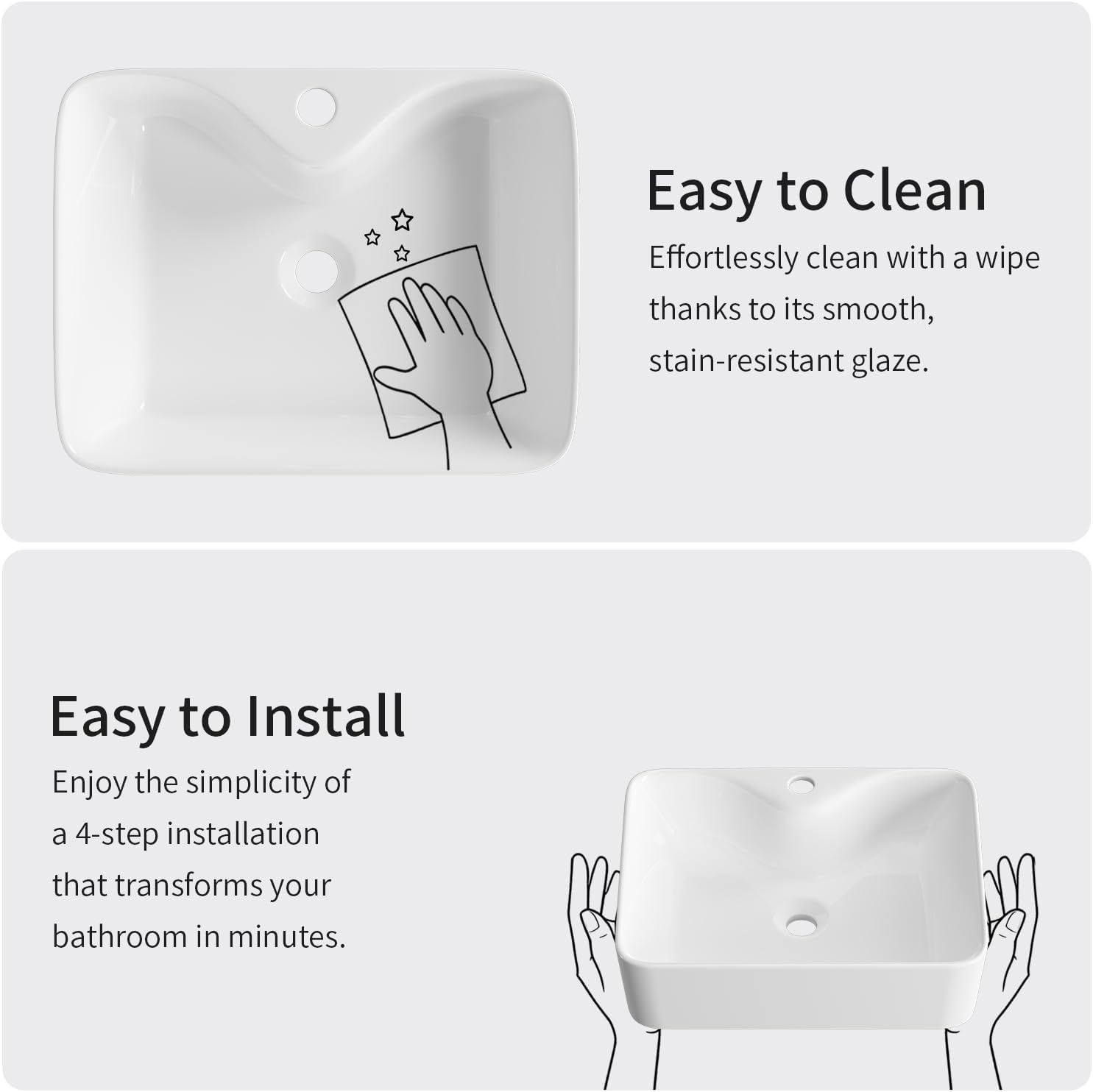 Rectangle Vessel Sink, OCEALAGOON 19x15 Inch White Vessel Sinks, Above Counter Bathroom Sinks, Porcelain Sink Bowl with Faucet Hole