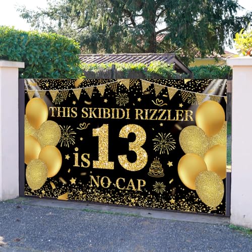 Image of Black Gold This Skibidi Rizzler is 13 No Cap Happy Birthday Backdrop Banner Photography Background Decorations for Boys Girls 13th Year Bday Party Accessories Supplies 72.8 * 43.3in