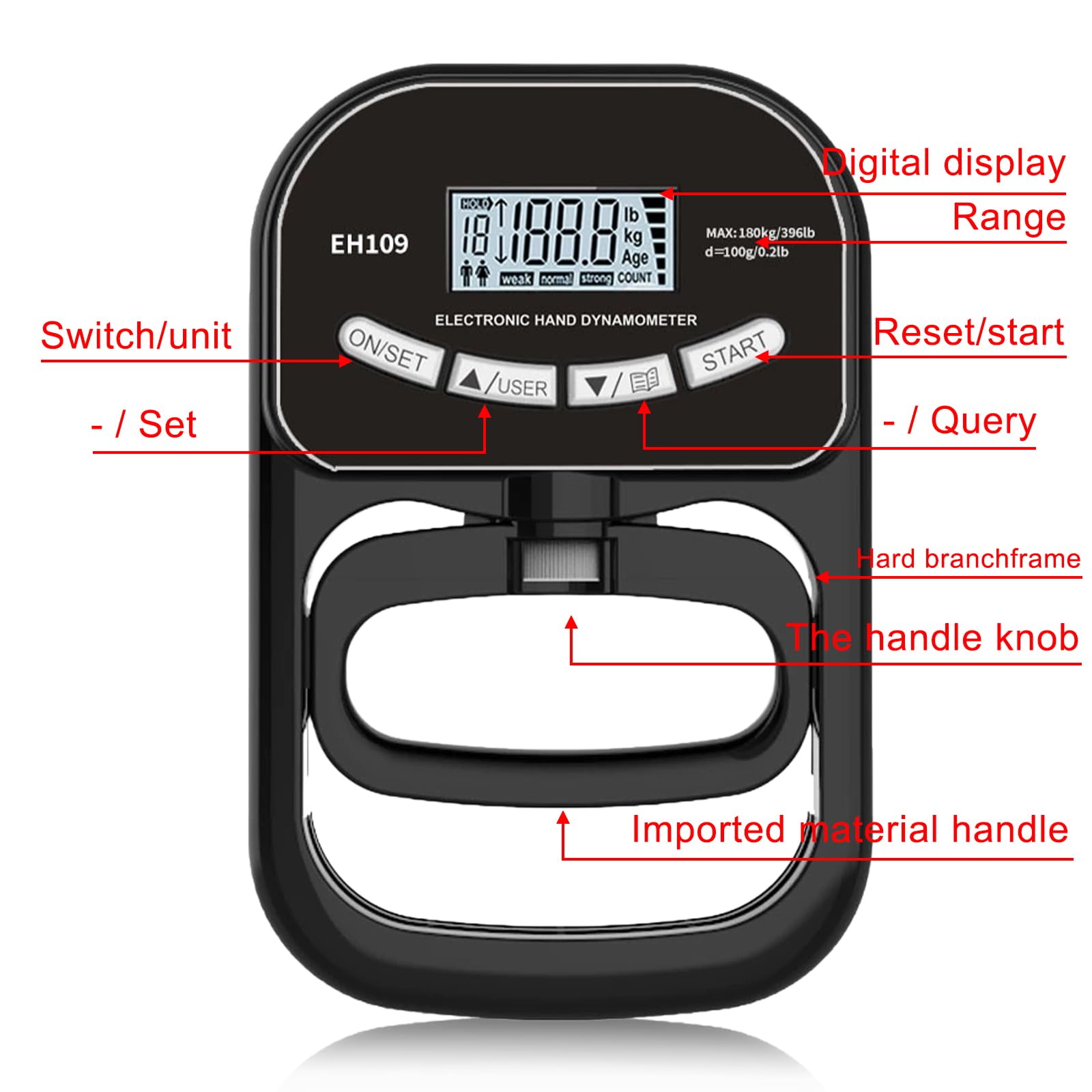 Dynamómetro digital de mano de 180 kg/396 lb, medidor de fuerza de agarre con cable de carga USB, indicador LED, entrenador de fuerza de agarre, color negro
