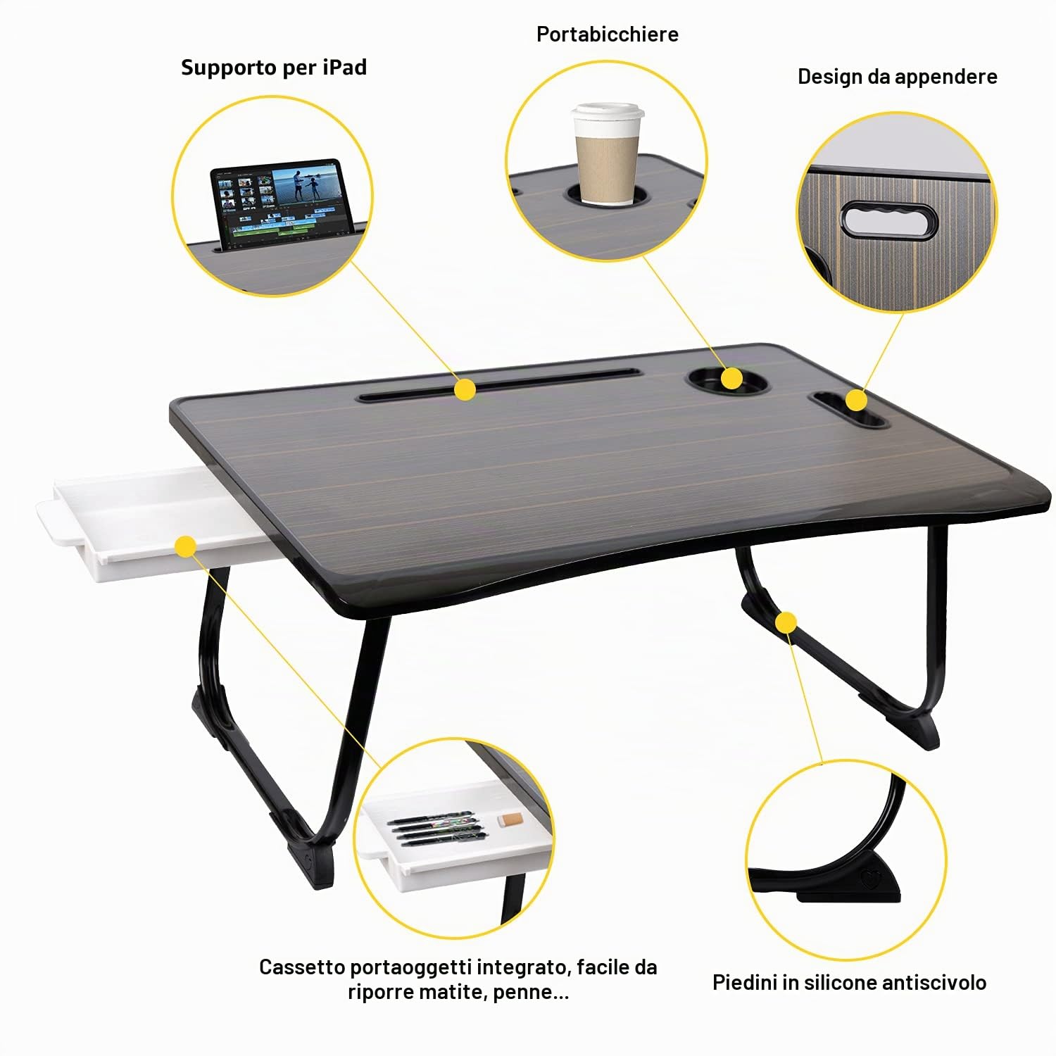 Amaredom - Vassoio da Scrivania per Computer Portatile, Pieghevole, Portatile, Supporto da Lettura con Cassetto e Portabicchieri, per Mangiare La Colazione sul Letto/Divano/Divano - Nero