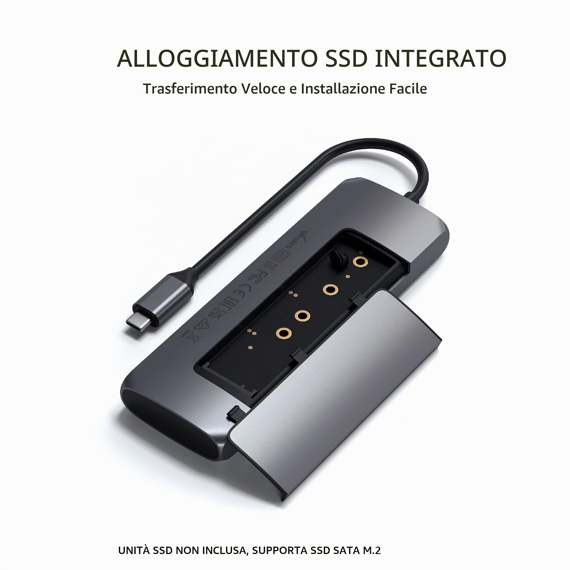 SATECHI Hub USB C 5 in 1, Alloggiamento SSD M.2 SATA, 100W, Grigio | HDMI 4K@60Hz, 2 Porte USB-A 3.1 10Gbps, per MacBook Air/Pro/Neo, laptop Windows e altro