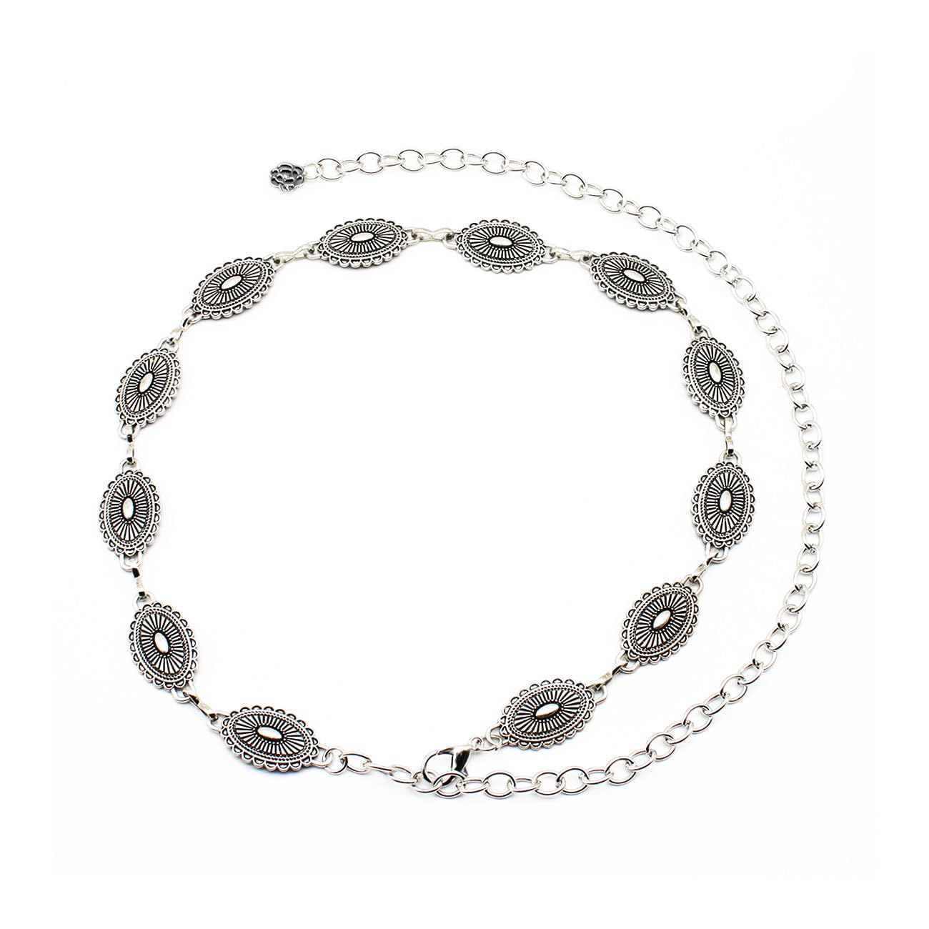 Emottos Women's B-Silver Concho Chain Belt, Adjustable Carving Metal Waist Chain Western Cowboy Cowgirl For Exquisite Boho Belts For Jeans Dress(B-Silver)