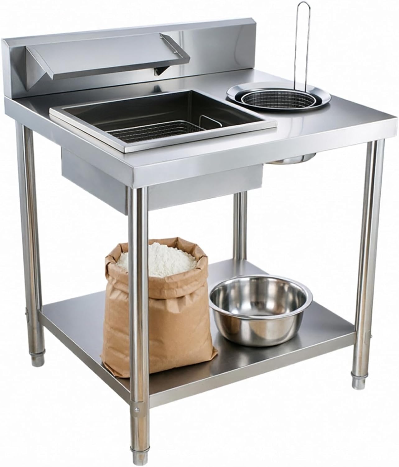 Fried Chicken Breading Table Stainless Steel Breading Station with Baskets Commercial Fried Food Prep Table with Storage Shelf Breading Worktable for Kitchen Restaurant Business