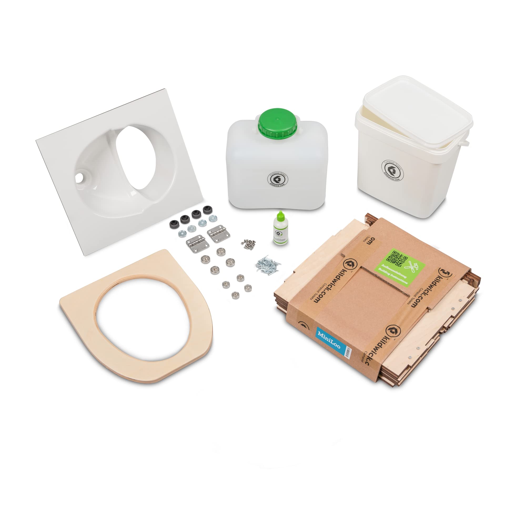 Kildwick MiniLoo Bausatz Trockentrenntoilette weiß - Kompakte Campingtoilette für Camper, Tiny House, Garten, Boot, 9,5L Kanister, Magnetklobrille, Holzgehäuse, DIY-Komposttoilette