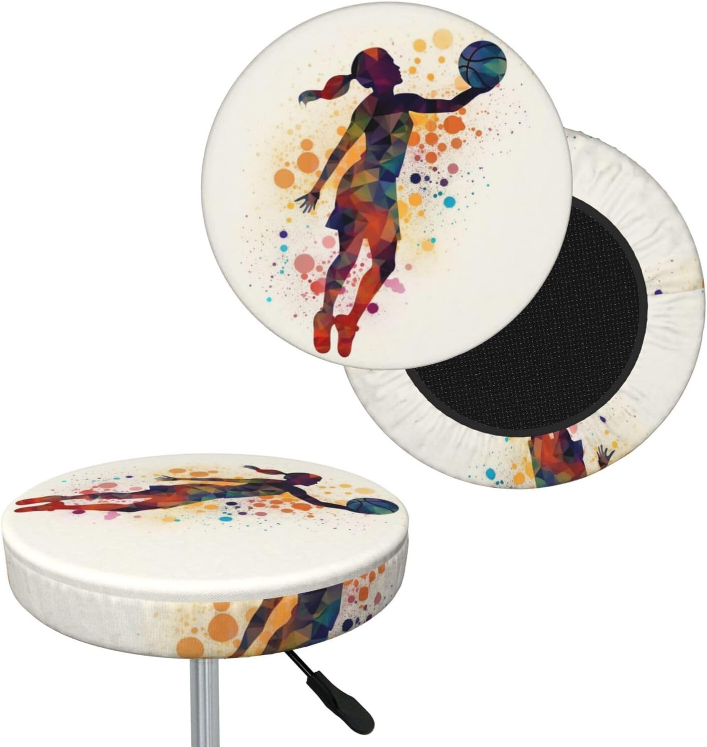 Bar Stool Cover Round Elastic Stool Cushion Covers Basketball Girl Pattern Bar Chair Cover Washable Stool Cushion Slipcover Stretch Stool Seat Covers for 12-14 Inch Chair