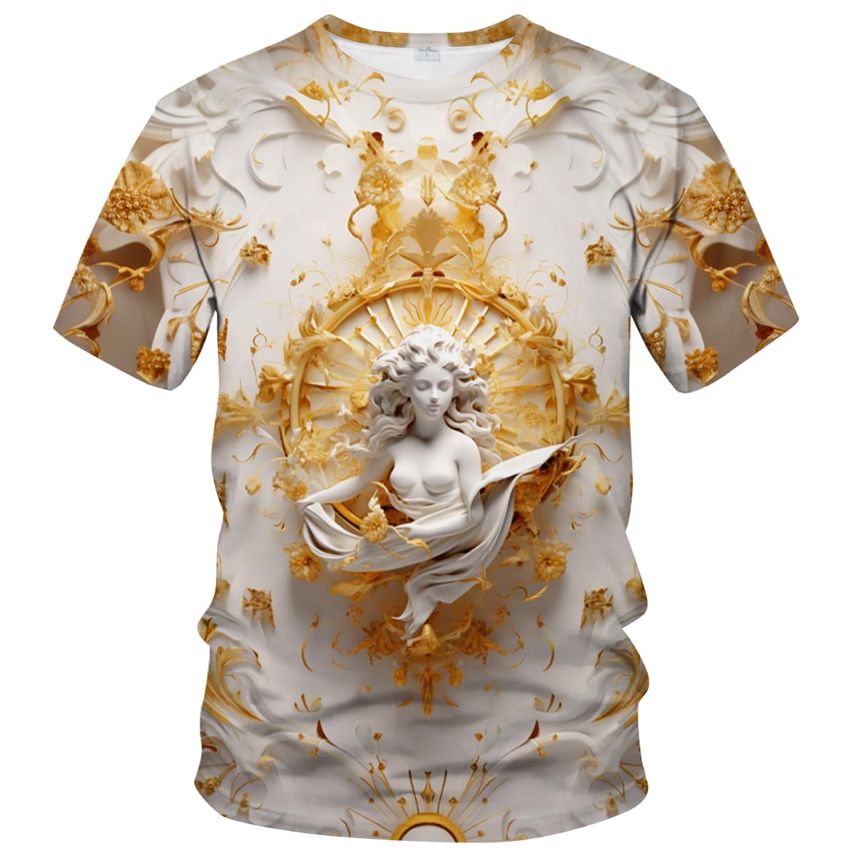 LAOLIUSN Men's Gold Shiny Printed T-Shirt - Golden Ornate Theme, Floral Graphic Tee Shirt