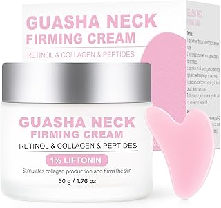 Neck Firming and Tightening Cream with Gua Sha Tool – Retinol, Collagen & Peptides for Chest, Jawline, Décolleté | Instant Face Lift, Anti-Aging & Wrinkle Moisturizer 1.76 oz