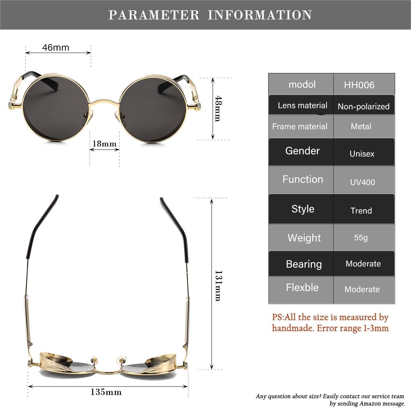 HJSTES Vintage Round Steampunk Sunglasses for Women Men Circle Gothic Glasses Retro Metal Frame - Image 7