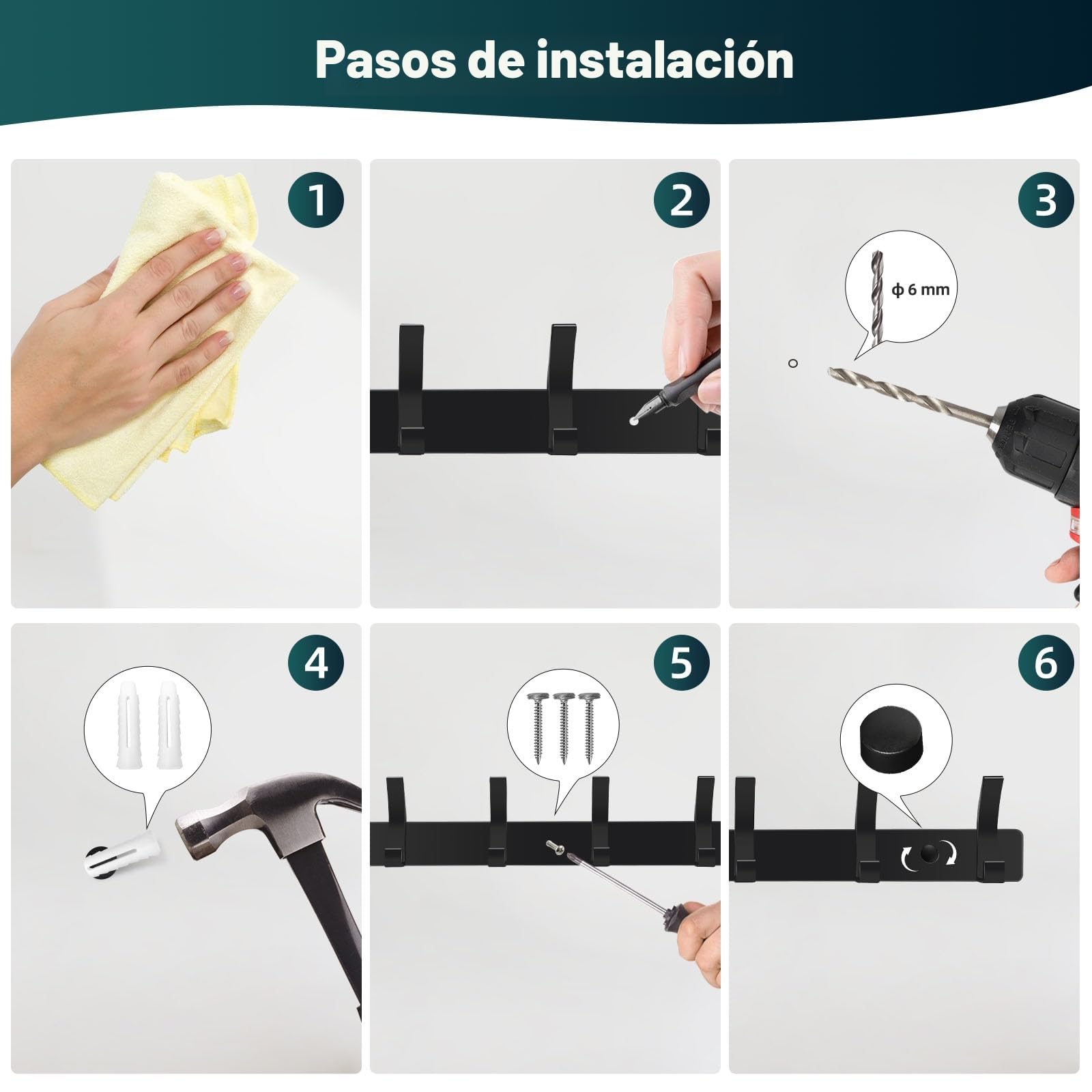AUXHCYL Percheros Pared Recibidor, 2 Piezas perchero Pared Negro, Percha Pared para Cocina Baño, Colgador Ropa Pared para Chaquetas, Abrigos, Bolsos, Sombreros y Bufandas (6 Ganchos)