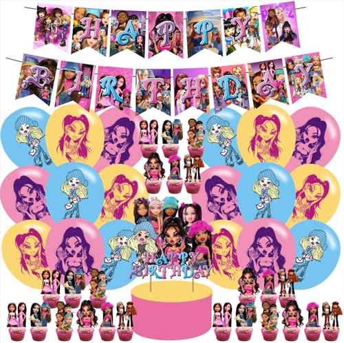 Bratzz Birthday Party Supplies Bratzz Girls Balloons Decorations for Cartoon Party Happy Birthday Banner Balloons Cupcake Toppers Cake Toppers