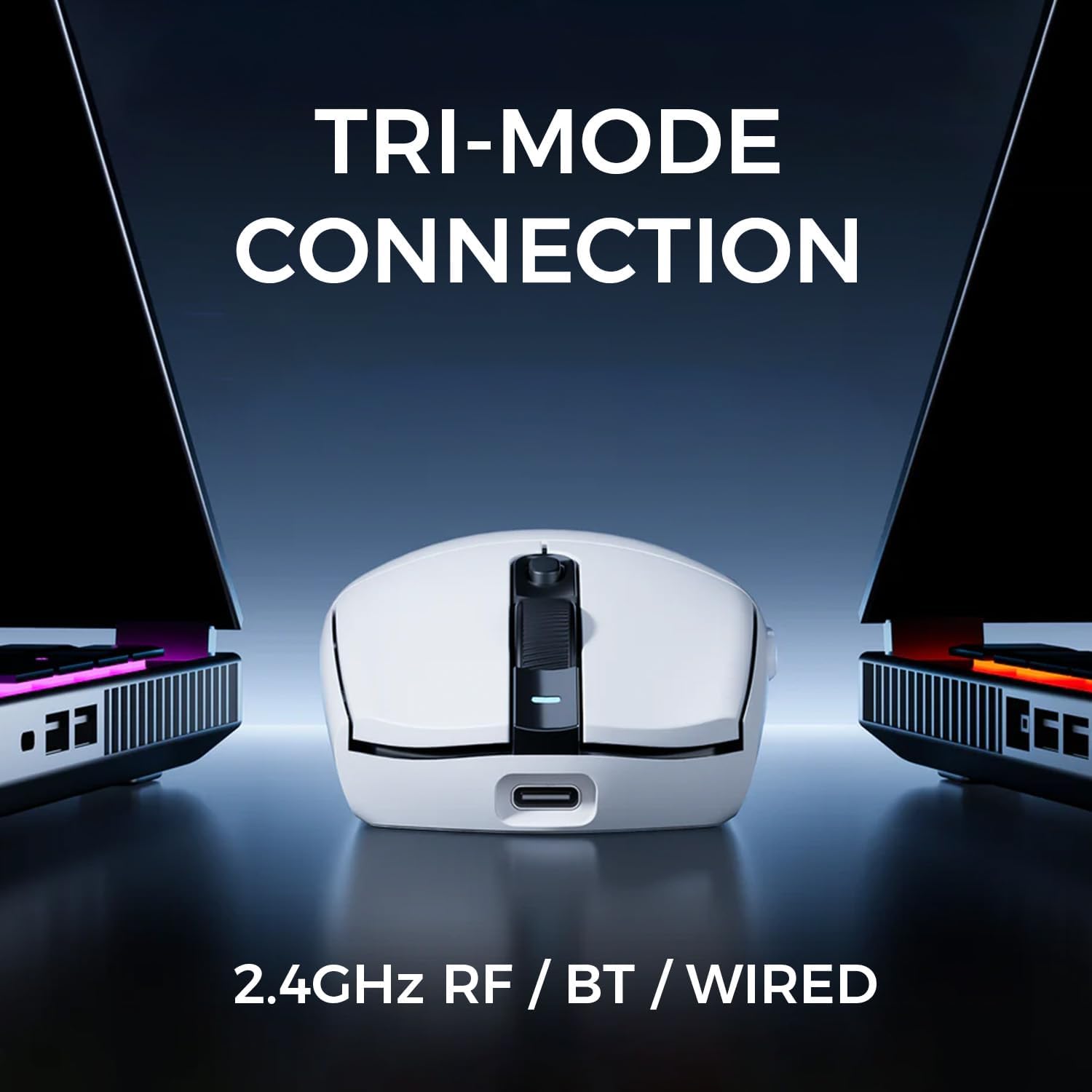 MCHOSE G3 Ultra mouse demonstrating tri-mode connection to two laptops