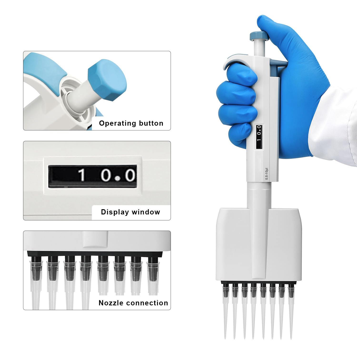 LVDALAB Adjustable Pipettor, 8-Channel Multichannel Lab Micropipette, 0.5-10uL Variable Volume Micropipette for Lab, School