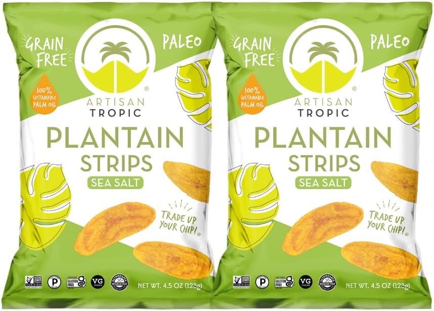 ARTISAN TROPIC Plantain Strips Sea Salt - 2 Pack, 4.5oz - Vegan, Paleo, Gluten Free Chips – Whole 30 Approved Foods Non-GMO Healthy Snack for Lunches, Dipping, Parties - Baked Banana Chips