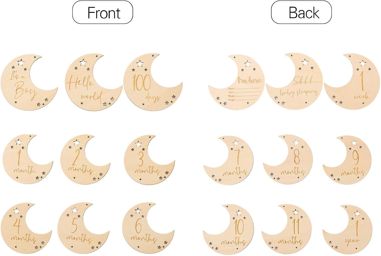 5セット9枚セット 両面マイレージピース木製マイルストーンフォトカード 赤ちゃん 子供 男の子用 W051 【 monthly card / oval  】 木製 マンスリーカード 月齢フォト アイテム 15枚セット 送料無料 | Airie
