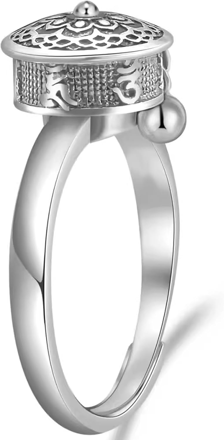 JAJAFOOK Silver Plated Brass Rotating Buddhist Prayer Wheel Ring Adjustable Lotus Spinner Ring for Meditation and Stress Relief