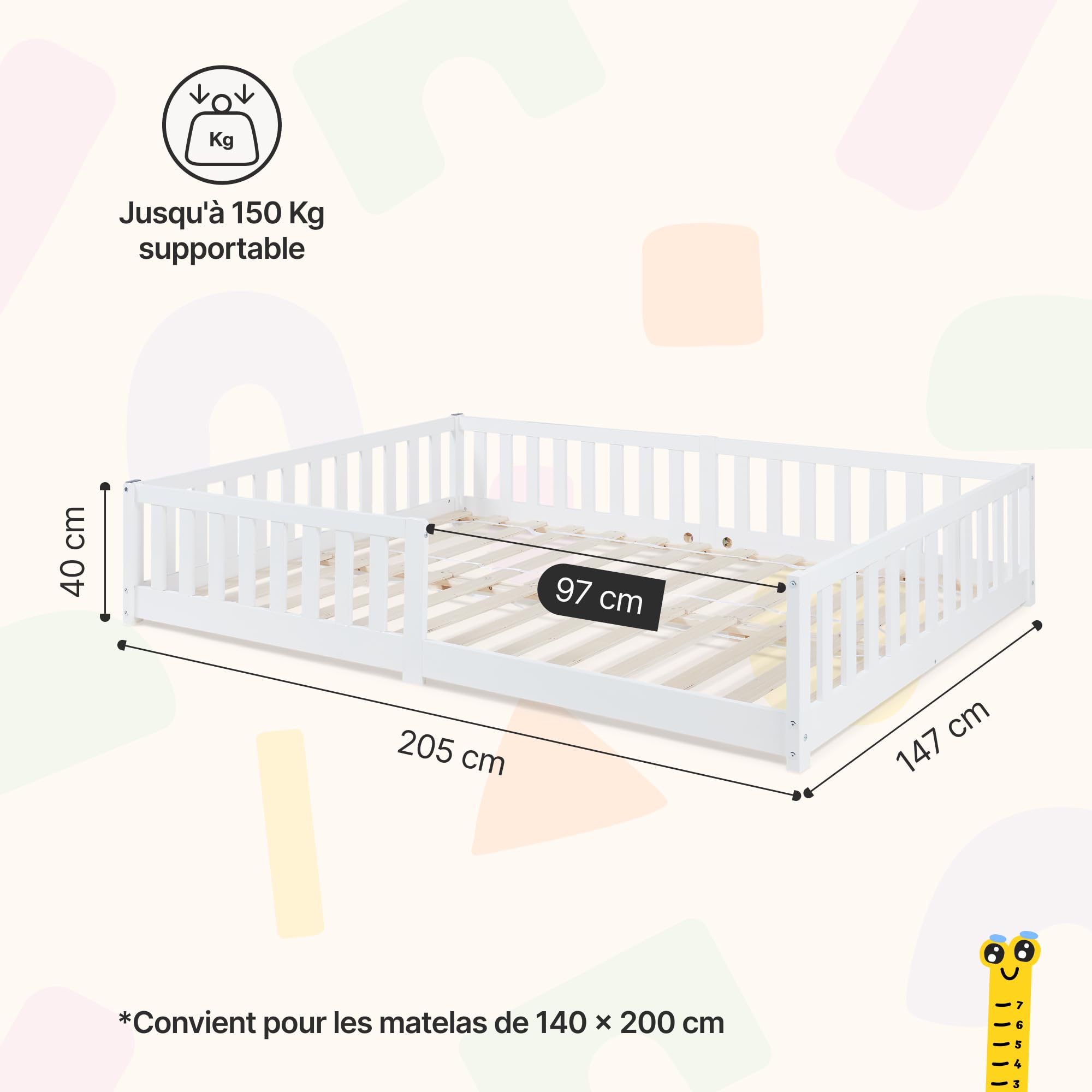 [en.casa] Lit pour Enfant avec Structure Robuste Barrière de Protection Anti-Chute Décorative Sommier à Lattes Capacité de Charge 150 kg Bois de Pin Contreplaqué 140 x 200 cm Blanc