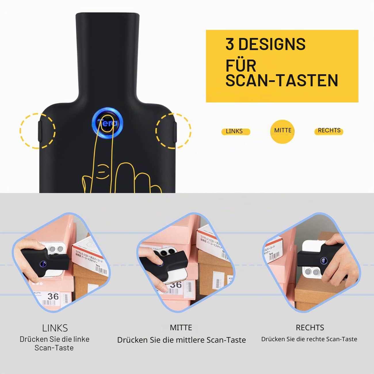 Tera 2D Bluetooth Barcode Scanner Wireless Portable Mini Back Clip 2D QR 1D Bar Code Reader mit Bluetooth Bild Scannen für Android, iOS, Smartphone, Modell 0012