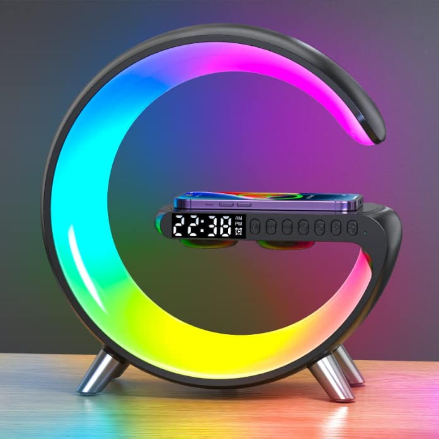 Lampe d'ambiance avec chargeur sans fil, mini haut-parleur sans fil avec réveil, haut-parleur Bluetooth avec lumière d'ambiance, lampe de chevet cadeau pour décoration d'intérieur, chambre à coucher