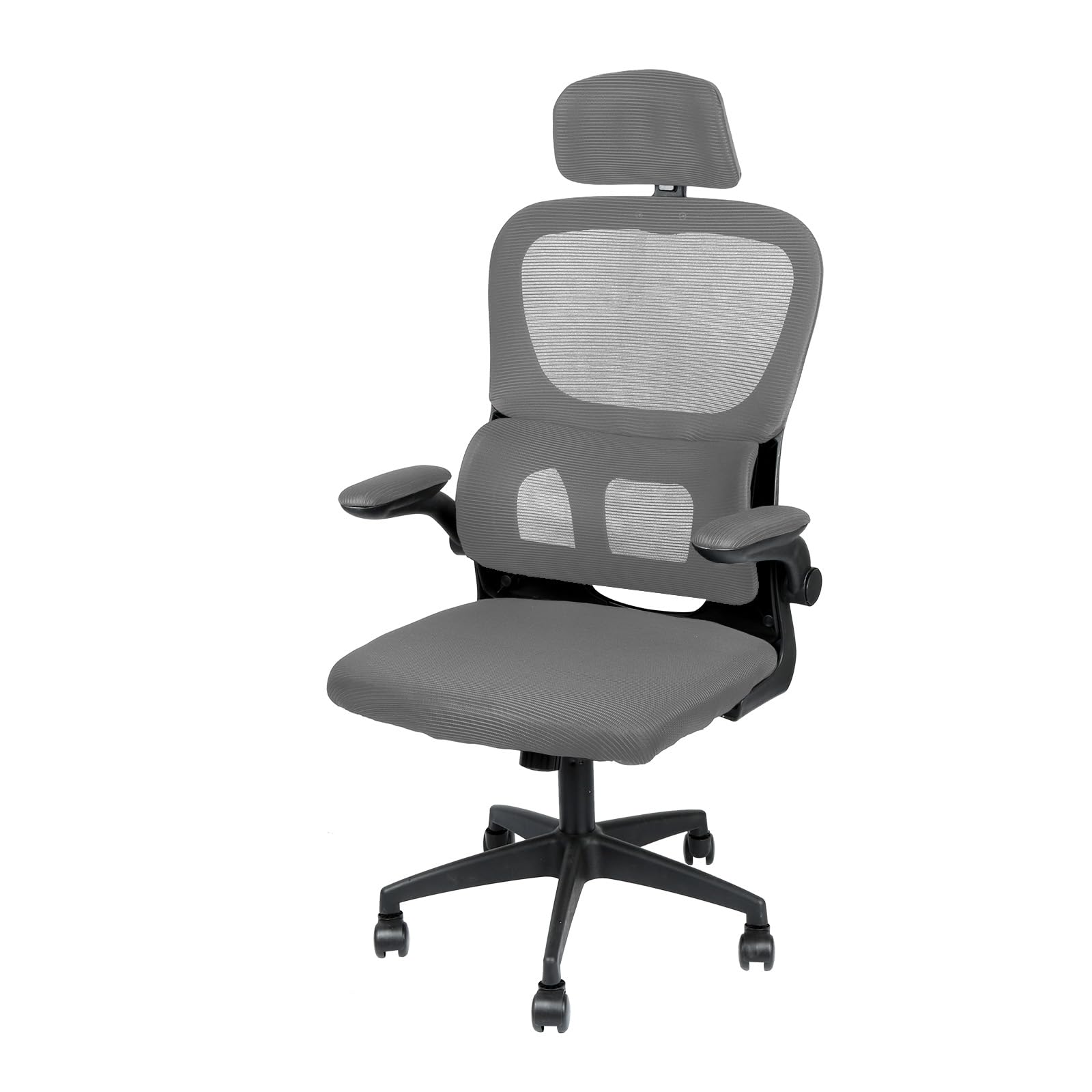Bürostuhl Ergonomisch Schreibtischstuhl mit Klappbaren Armlehnen, Mesh Drehstuhl mit Dynamischer Lordosenstütze & 115° Wippfunktion, Verstellbare Kopfstütze für Home Office,Grau
