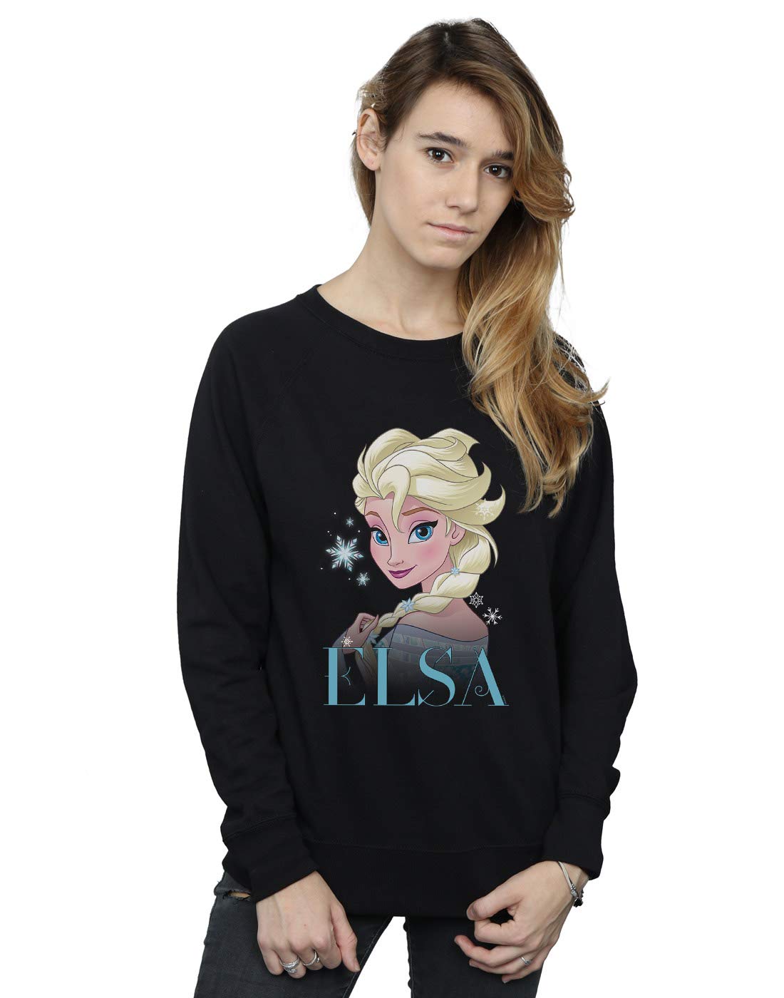 Absolute Cult Women's Black Disney Frozen Elsa Snowflake Portrait Sweatshirt