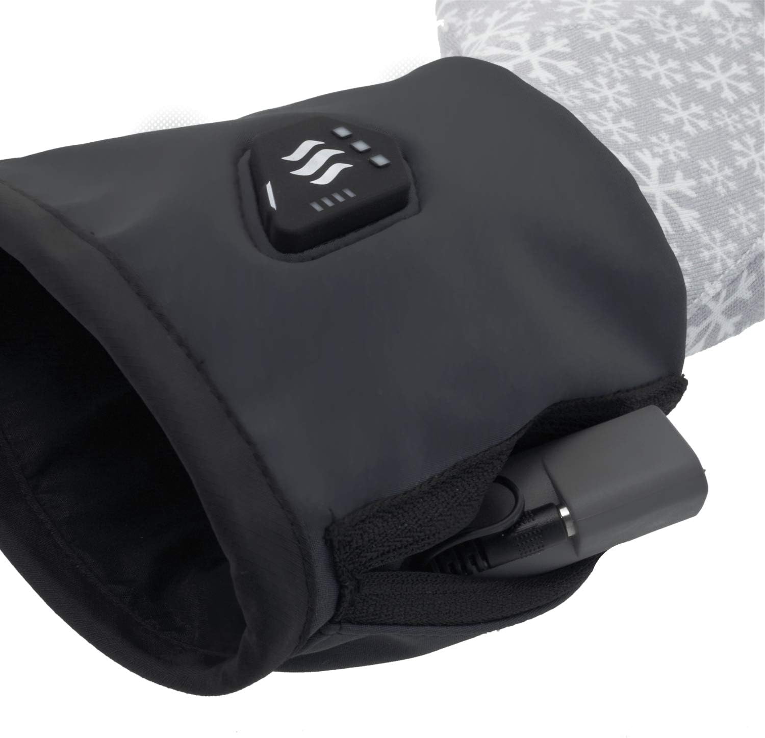 Battery fully in glove pocket with zipper closed
