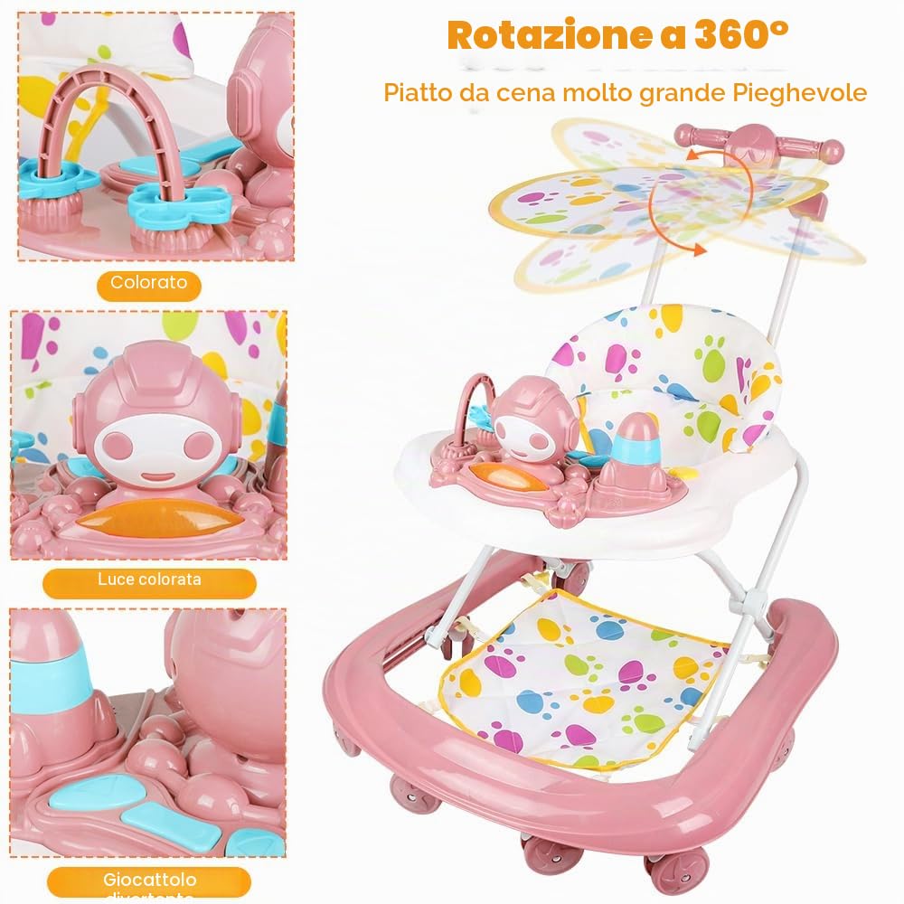 Girello per neonato, ragazza, evolutivo, 2 in 1, girello multifunzionale, un compagno premuroso per l'apprendimento a piedi del vostro bambino, 62 x 68 x 36-81 cm, rosa