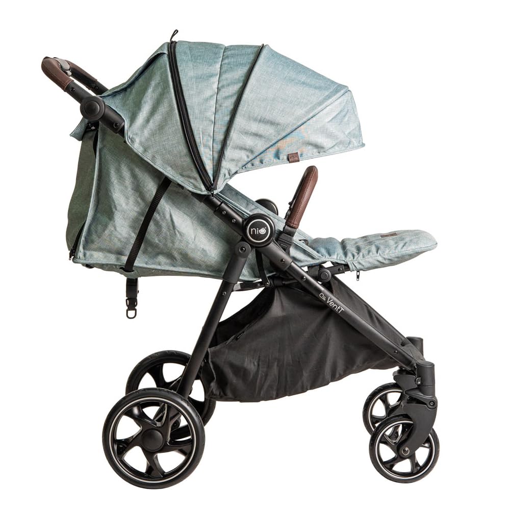 Niu – Silla de Paseo Cochecito de bebé VentT+ Capota XXL – Respaldo y Reposapiés ajustasble – Amortiguación 4 ruedas y chasis de aluminio – plegado compacto – Mosquitera y plástico de lluvia (Verde)